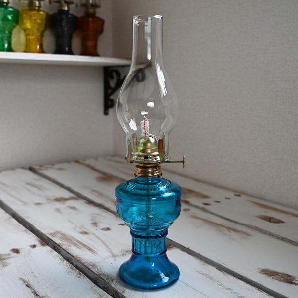 オイルランプ アンティーク ランタン ブルー ロング 灯油ランプ ガラス