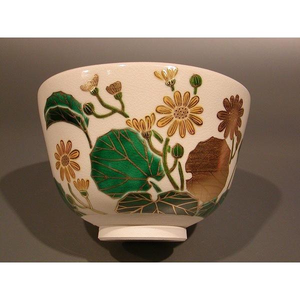 茶道具 抹茶茶碗 色絵 石蕗（つわぶき）画、京都 相模竜泉作、桐共箱