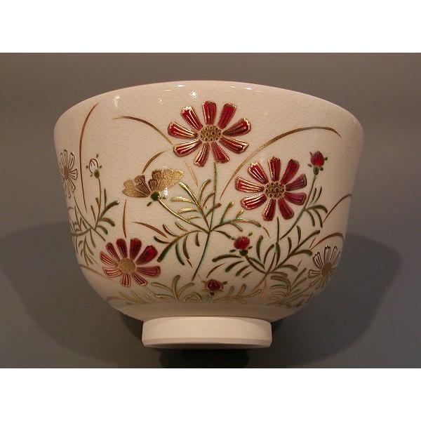 茶道具 抹茶茶碗 色絵 秋桜（コスモス）画、京都 相模竜泉作、桐共箱
