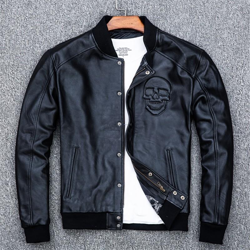 ラム革ジャケット ジャンパー 羊革 革ジャン 髑髏柄 革ジャケット