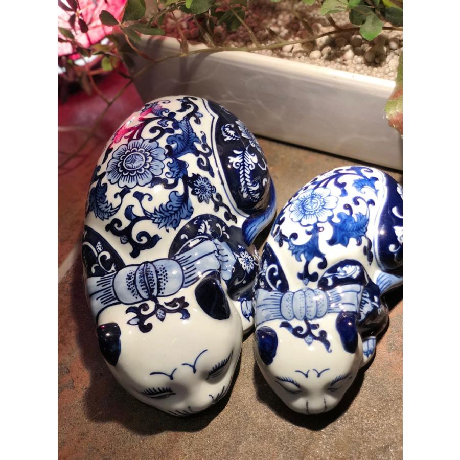 THE-SECRET-GARDEN シノワズリ ブサカワ 猫 置物 大 青白陶器 ネコ
