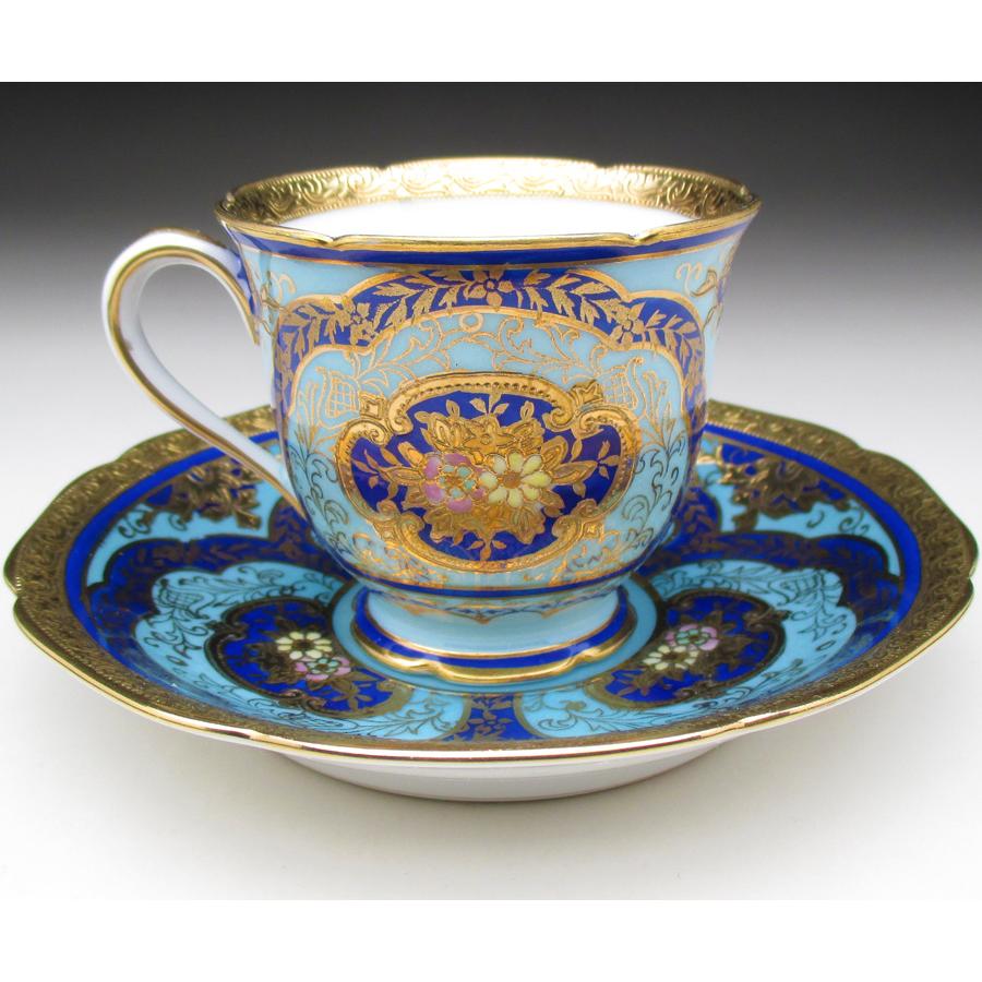 ノリタケ オールドノリタケ ブルー地金盛り花文 カップ＆ソーサー (c