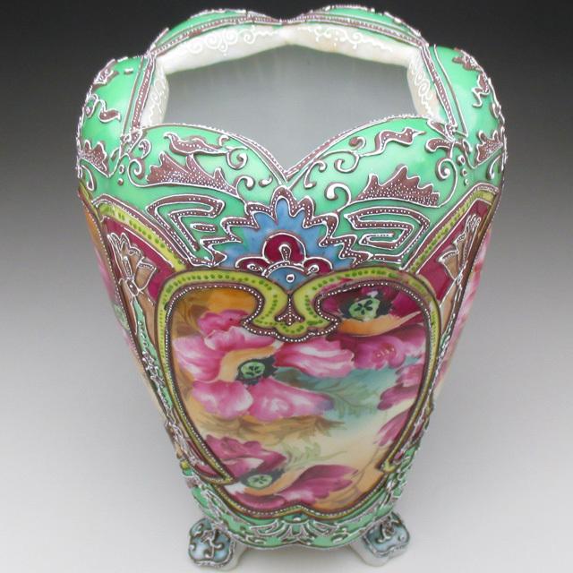 希少】オールドニッポン 薔薇紋 一陳盛上げ アールヌーボー 花瓶 ビー