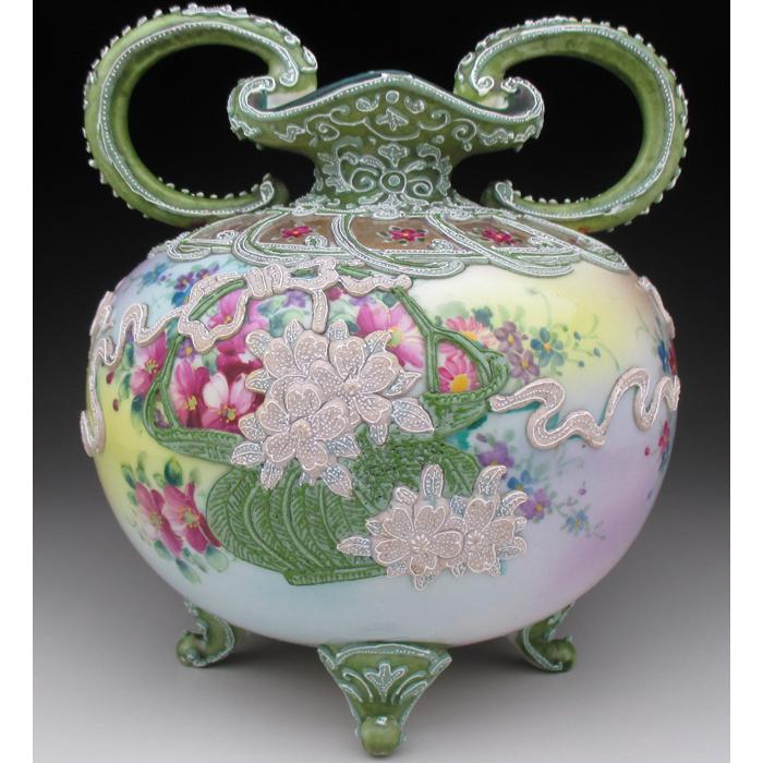 希少】オールドニッポン 緑地藤紋一陳盛り花瓶 アールヌーボー様式