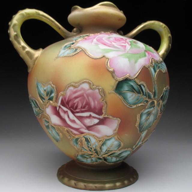 ノリタケ オールドノリタケ 茶地金盛り薔薇絵 花瓶 : アンティーク