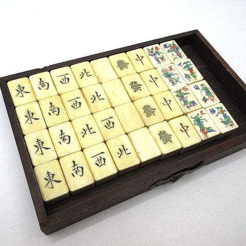 背竹 骨牌 麻雀牌 唐木箱 在銘入り 装飾金具 サイコロ 点棒付き