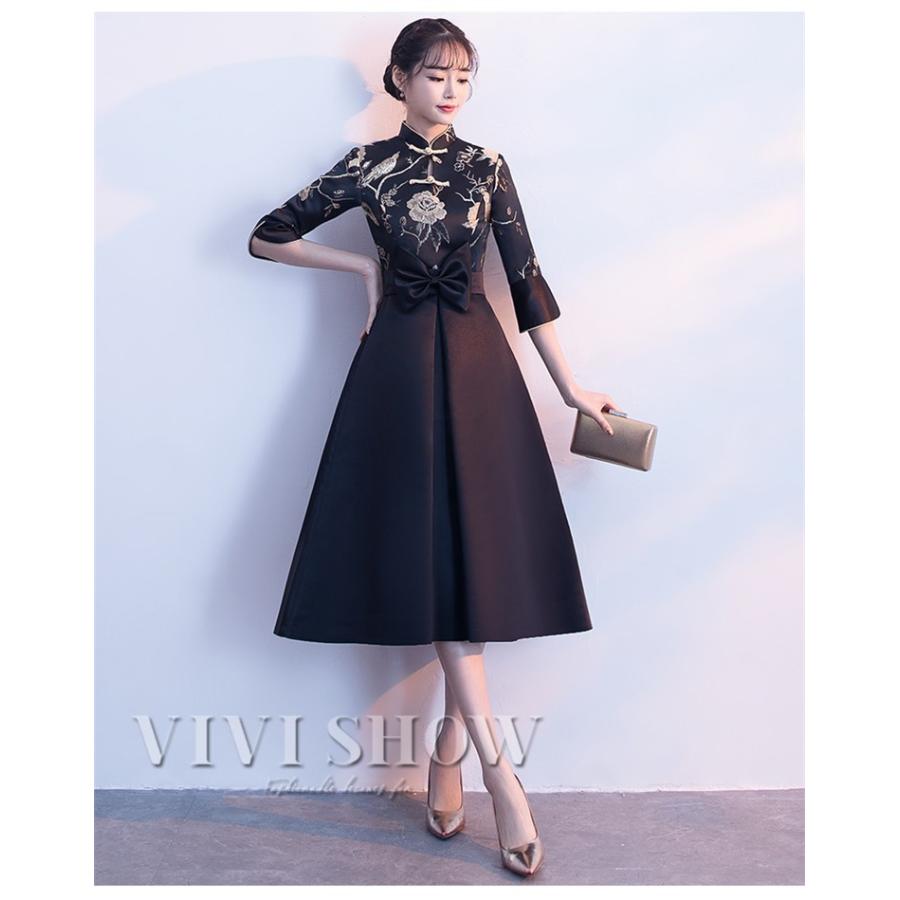 チャイナドレス風ワンピース レディース 七分袖 刺繍 膝丈 パーティー