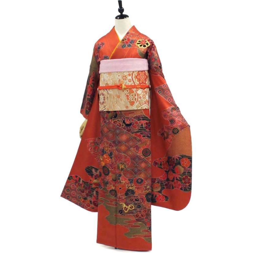 正絹振袖+半衿付き長襦袢+帯+帯揚+帯〆+重衿 6点セット 照り映える紅葉