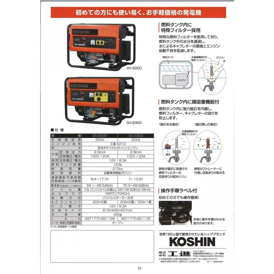 工進（KOSHIN） 工進オンラインショップ 発電機 GV-2300 定格周波数