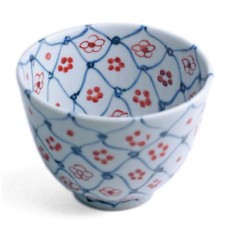 九谷焼：天啓赤絵花網文茶碗・須田菁華《汲出・ぐい呑み・8.5cm》 : 和