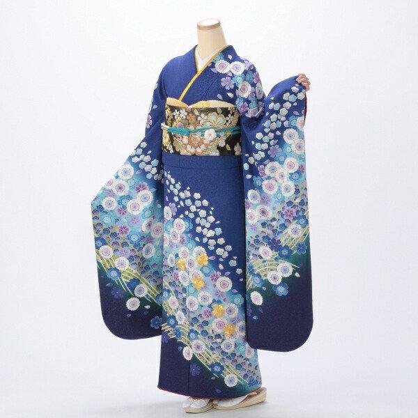 振袖フルセット6点M〜Lサイズ水色 花柄 波模様 正絹 売り切り終了 振袖