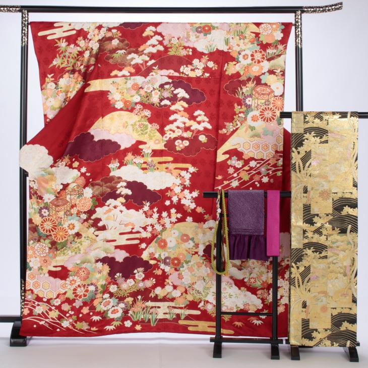 京都きもの友禅 振袖 中古 フルセット 成人式 Mサイズ 古典 赤・ワイン