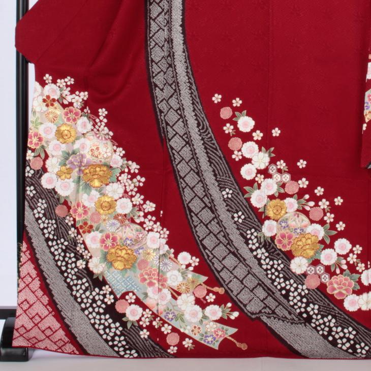 京都きもの友禅 振袖 中古 フルセット 成人式 Lサイズ 絞り 赤・ワイン