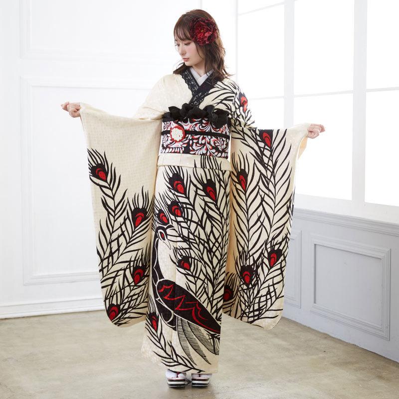 振袖 レンタル 成人式 結婚式 クリーム色 孔雀(絹) モダンアンテナ