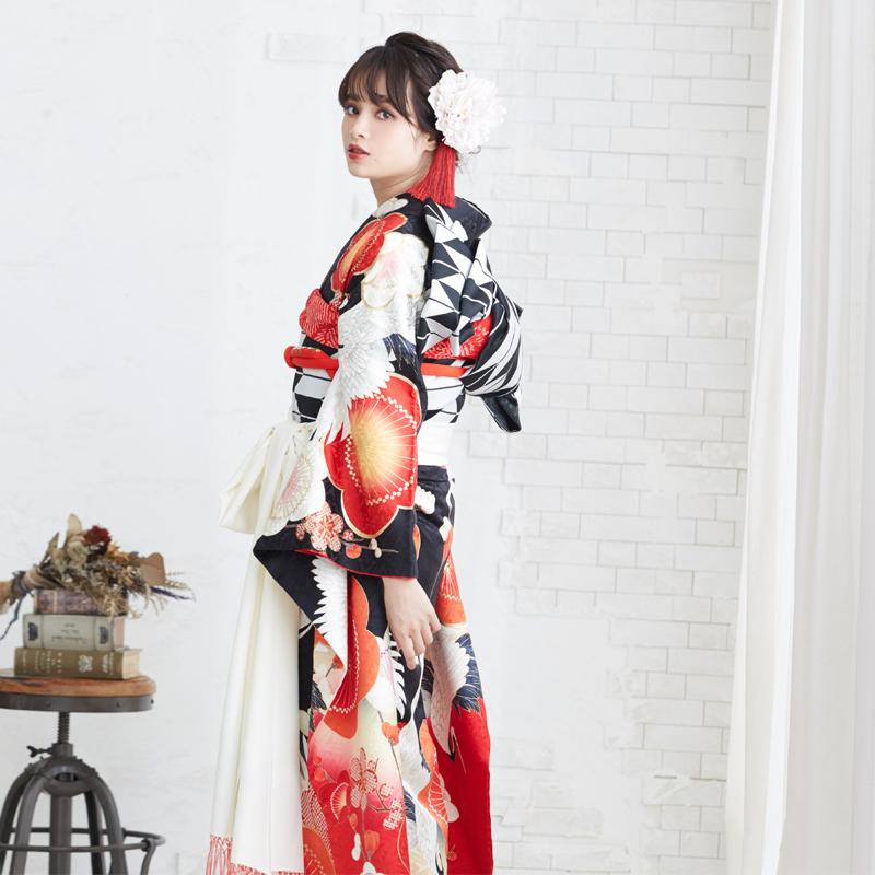 振袖 レンタル 成人式 結婚式 黒 梅に鶴(絹)(R1921)12月〜1月利用 対応