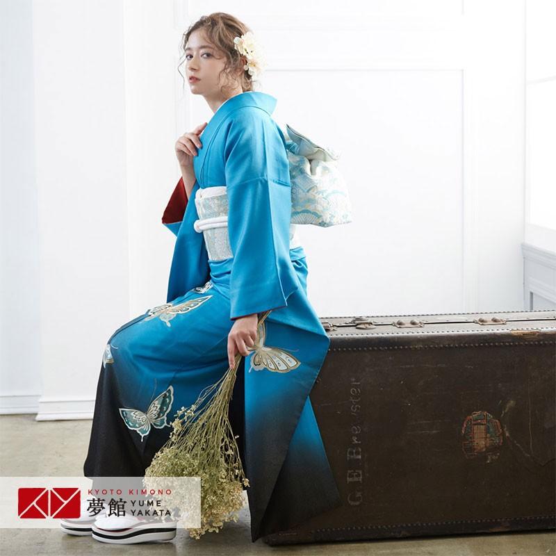 振袖 レンタル 成人式 結婚式 ブルー ラメ入り 金彩蝶(絹)(宅)モデル