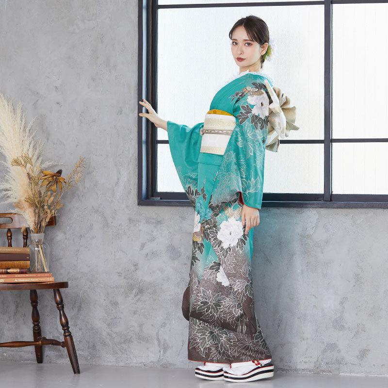 振袖 レンタル 成人式 結婚式 ラメグリーン 牡丹に蝶(絹) 一点物