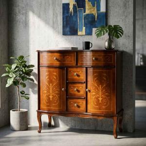 イタリア ブックケース 本棚 茶 象嵌 オープンキャビネット 丸脚 完成