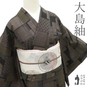 本場大島紬 袷 着物 織絣 横双 手織り 正絹 黒 花 笹 色紙文様