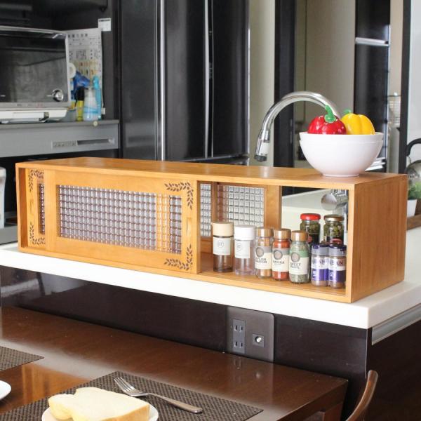 OSMAC カウンター上収納 カウンター上収納庫 幅90cm リーフ柄 木製