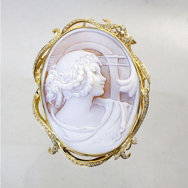 18金 天然シェルカメオブローチ 長さ74㎜重さ29g 作家サイン入