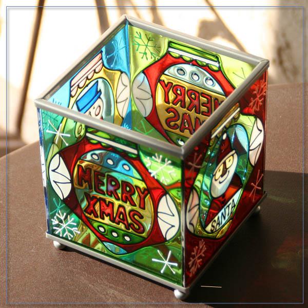 クリスマス〜ステンドグラス風キューブボックス（サンタとスノーマン