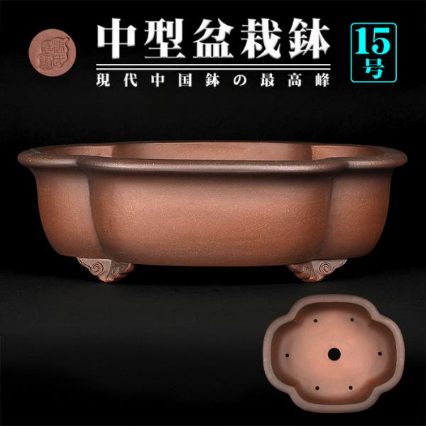 盆栽鉢 紫泥外縁木瓜式鉢 植木鉢 中国鉢 張氏製陶 落款あり 15号 45cm