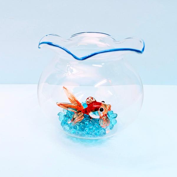 ワライスギ ガラス細工 ミニチュア ガラス細工 金魚鉢と金魚（L）赤