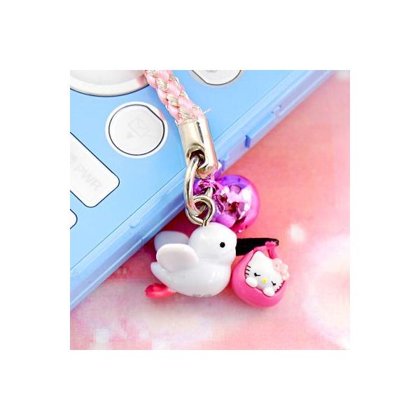 ハローキティ 鈴フラワービーズストラップ ピンクのラインストーン花