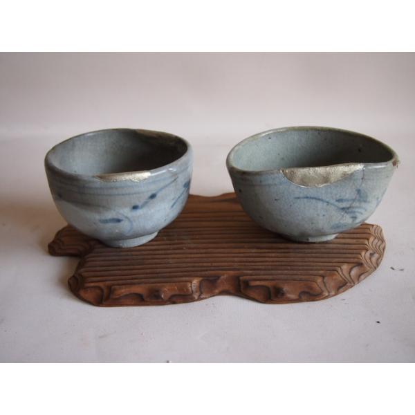江戸時代 木原窯 歪み茶碗2客10cmペア 台座付 茶道 茶道具 古伊万里