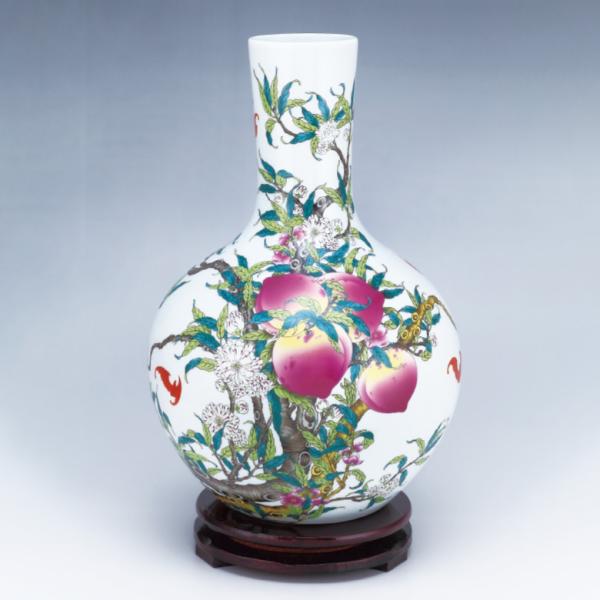 琺瑯彩藍釉鳳穿牡丹両耳瓶 景徳鎮 陶磁器 装飾品 現代工芸品 美術品