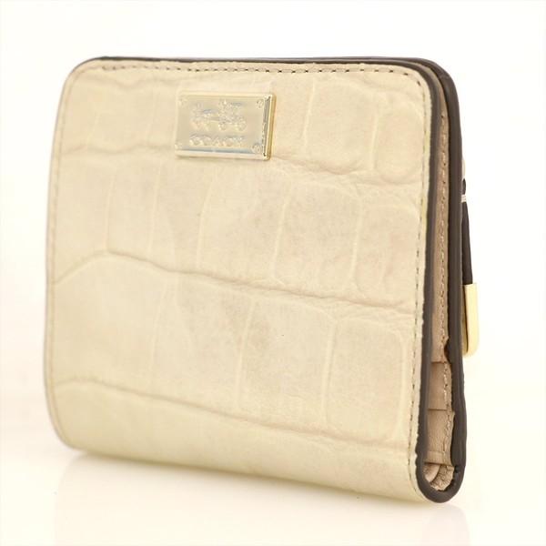 コーチ COACH ベージュ クロコ型押し レザー コンパクト財布 二つ折