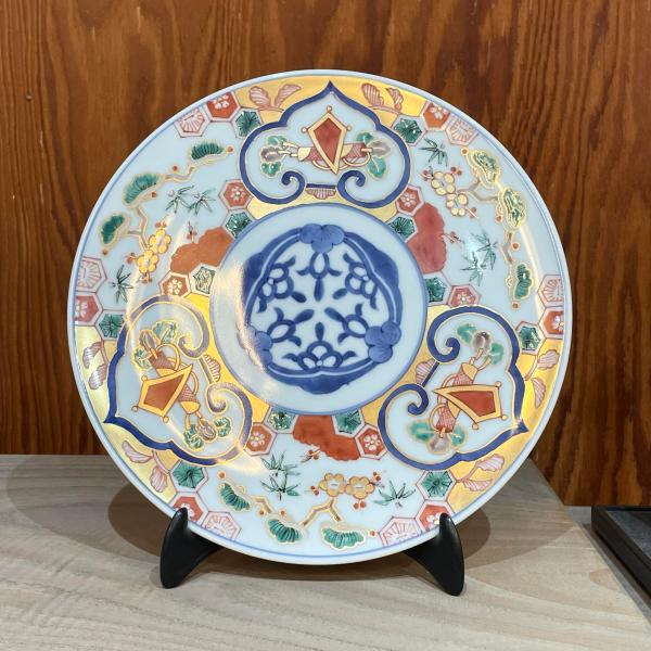 古伊万里 金襴手 鶴に松竹梅の図 4寸皿 2枚 E355AS-CBq