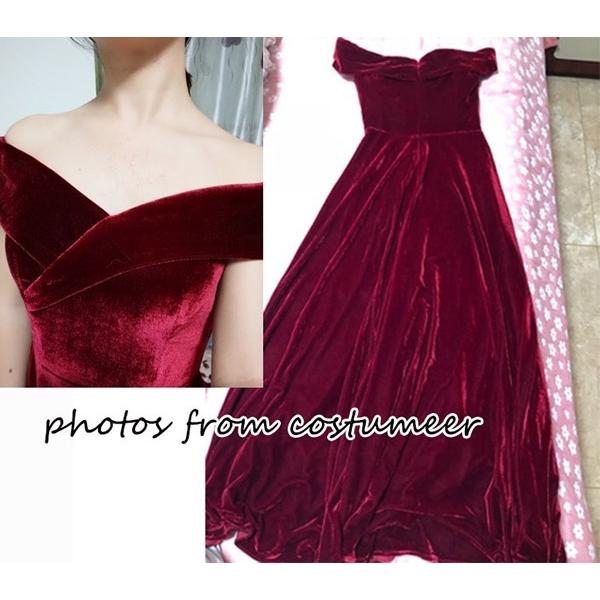 オフショルダー ロングドレス 肩出し ベルベット 背中開き ワイン