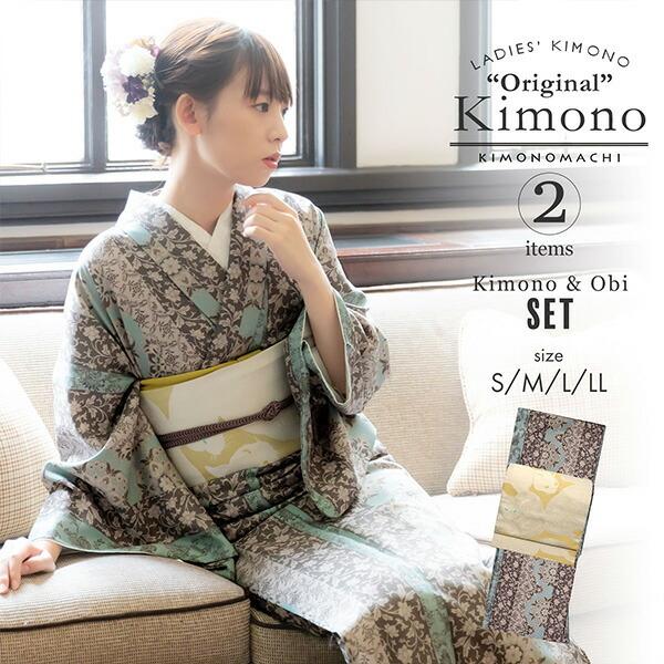 KIMONOMACHI 洗える着物 セット 「袷着物：縞更紗水色＋京袋帯：日向の