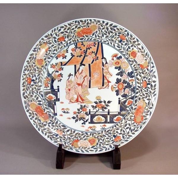 大聖寺伊万里 染錦 波千鳥に菊 花唐草の図 長皿 B288AS-CRn 大聖寺