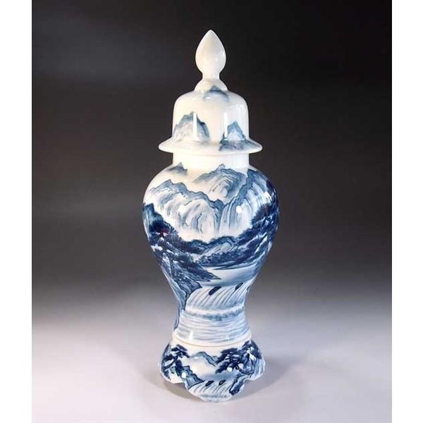 有田焼 古伊万里様式染付山水画飾り沈香壺｜陶芸作家 藤井錦彩 作