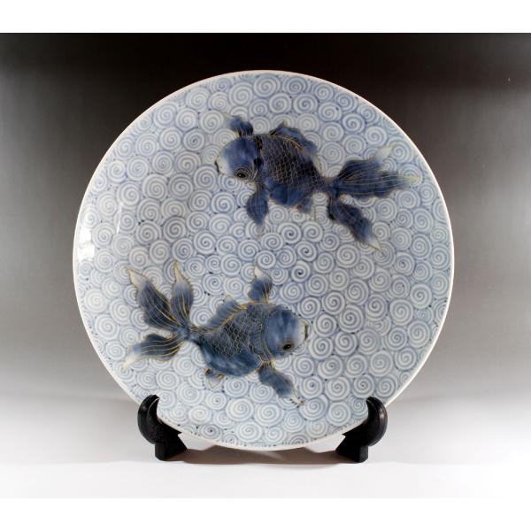 古染付金彩金魚絵飾り大皿｜有田焼 陶芸作家 藤井錦彩作 : 有田焼 藤井