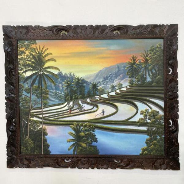 アンティーク】額縁 額装 絵画 油絵 油彩 風景画 家 山村 田舎 川