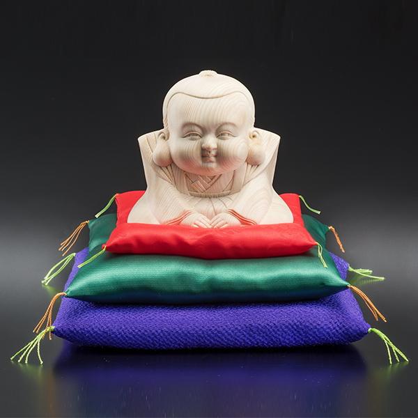 檜一木彫り だんだん福助 開運 置物 玄関 リビング 福助人形 おじぎ