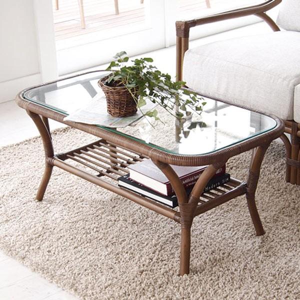 ホワイトラタンアンティークガラスローセンターテーブル 節約 籐 収納