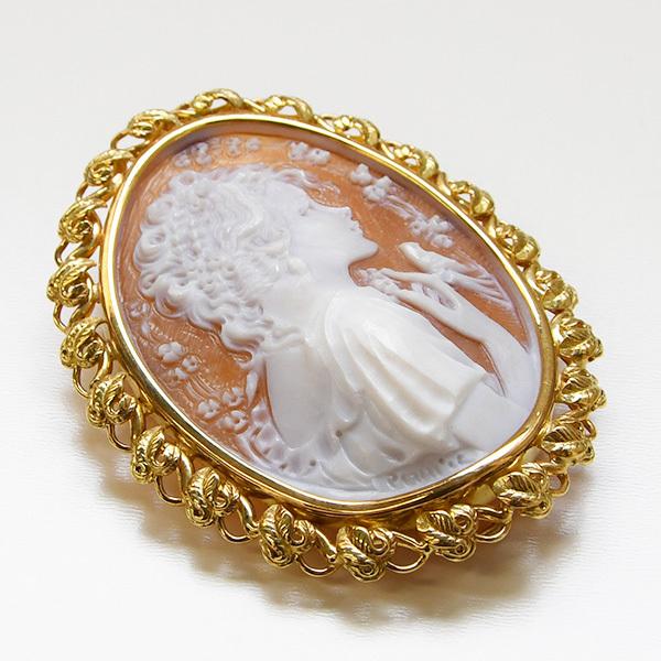 シェル カメオ ブローチペンダント K18YG 緻密な彫刻が美しい