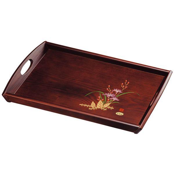 漆塗り お盆セット 長手盆 丸盆 2点 蒔絵 花柄 黒塗り 箱