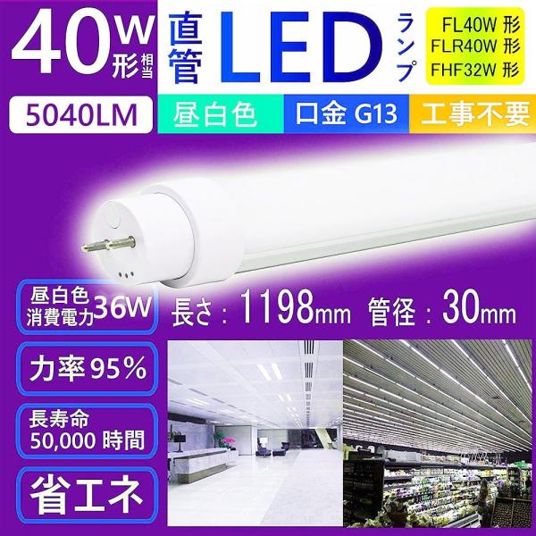 超高輝度5000lm 40W形LED蛍光灯36W (昼白色) 100％工事不要【FL40W