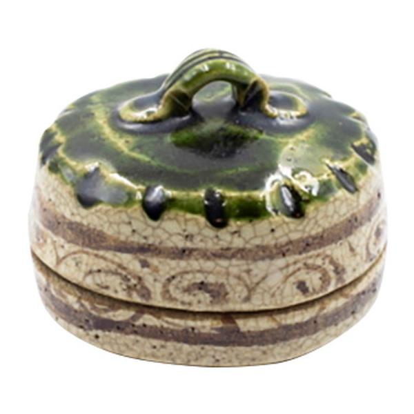 茶道具 香合 / 織部はじき香合（鉄山作） 化粧箱入 寸法:5.6×4.7cm 88g