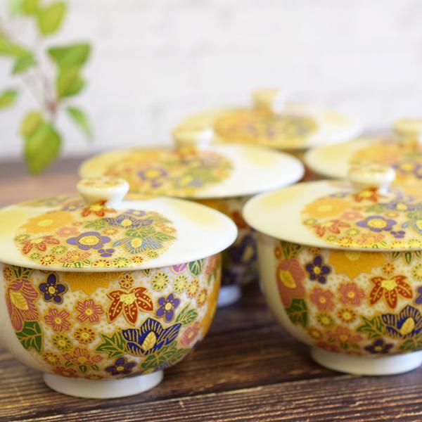 未使用】九谷焼 九谷光峰 花詰/菊詰 金彩 茶器揃 5客 湯呑