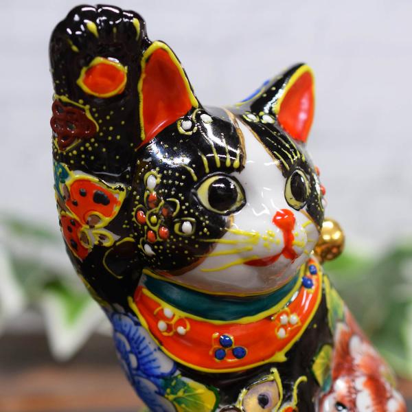 九谷焼花柄 黄色い招き猫 陶器製