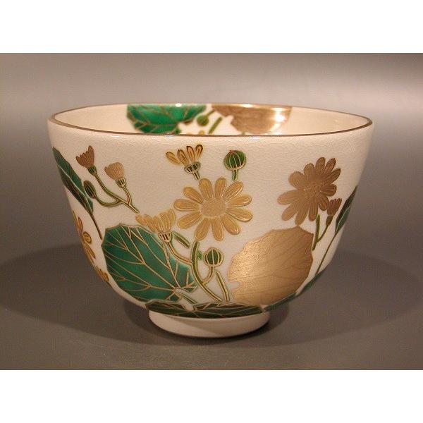 茶道具 抹茶茶碗 色絵 石蕗（つわぶき）画、京都 相模竜泉作、桐共箱