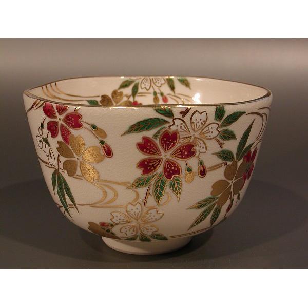 茶道具 抹茶茶碗 色絵 枝垂桜（しだれざくら）、京都 相模竜泉作、桐共