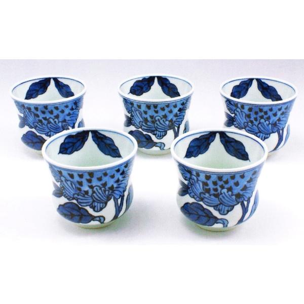 1695 源右衛門 染付向日葵絵 湯呑 5客 未使用 1695 源右衛門 染付向日葵